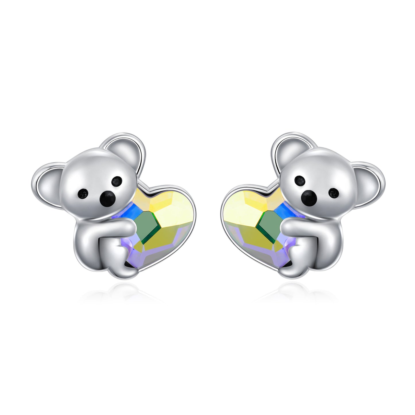 YFN 925 Sterling Silver Koala Bear Cute Animal Hypoallergenic Heart Crystal Earrings Jewelry (US only)
