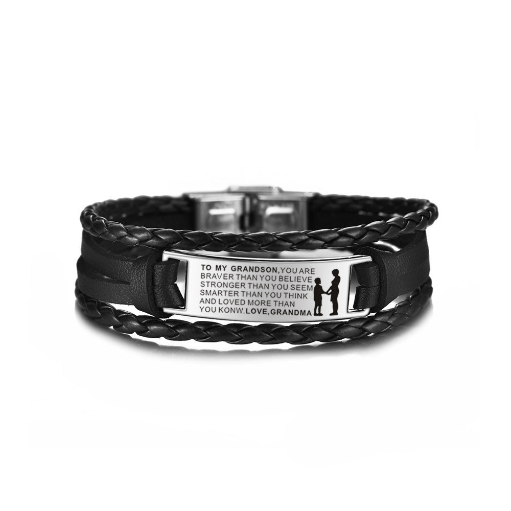 To My Grandson Leather Bracelet Stainless Steel Corrosion LOVE GRANDMA