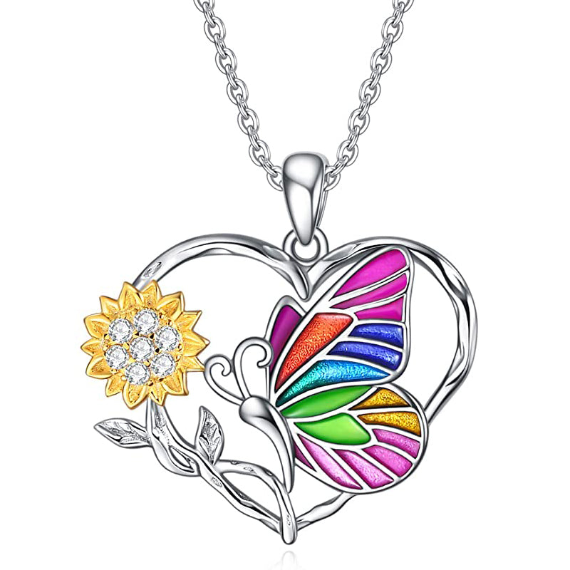 colorful butterfly sunflower heart pendant necklace