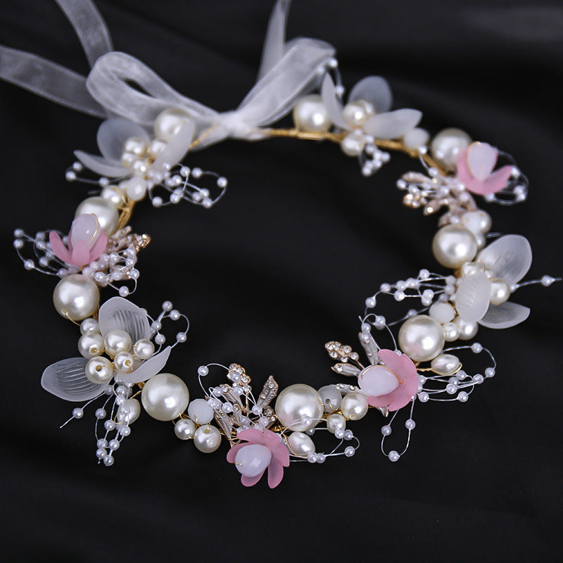 Multicolor Pearl Flower Headband Hand Braided Bridal Headband Tiara