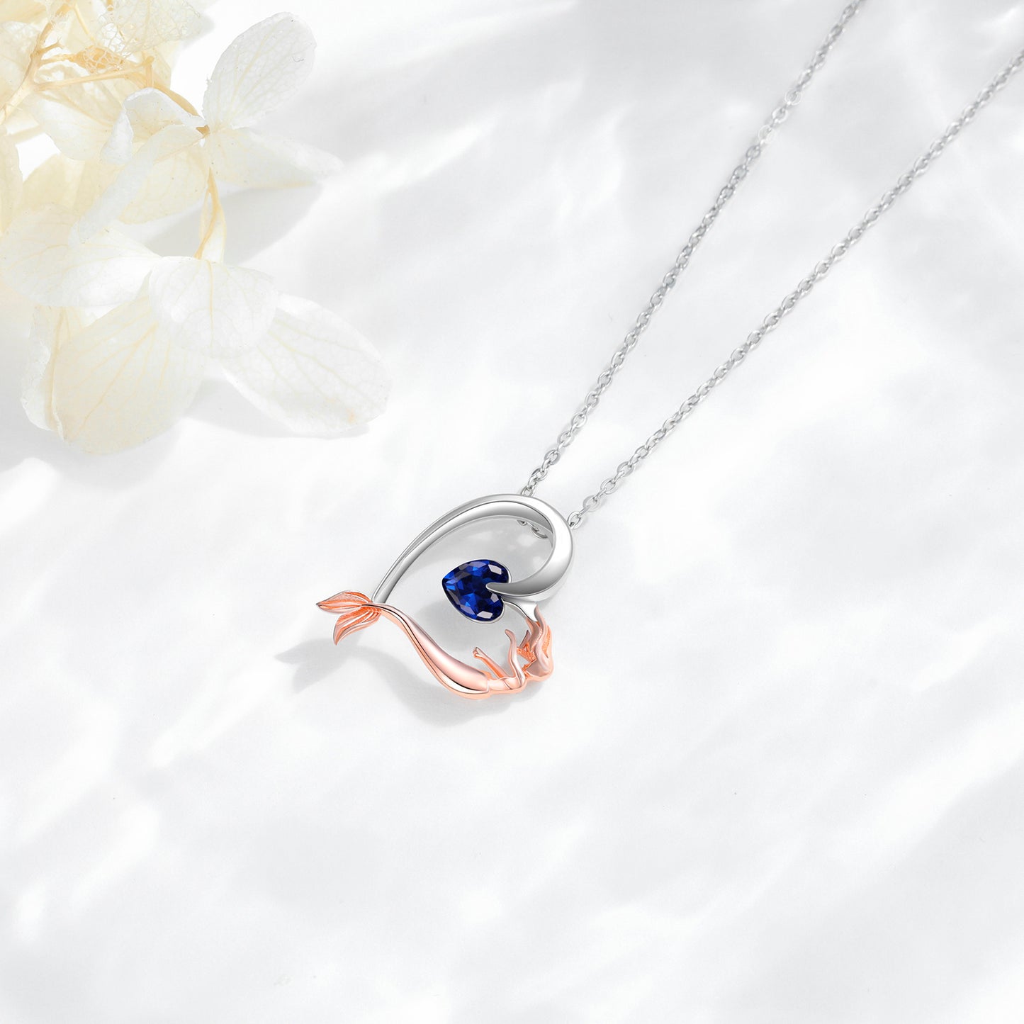 YFN 925 Sterling Silver Mermaid Heart Necklace with Blue Heart Crystal