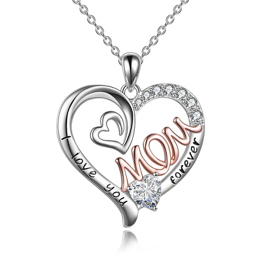 YFN Mom Necklace S925 Sterling Silver Heart CZ Pink Stone Love Mum Pendant Birthstone Jewelry for Women Mother Gifts (US only)