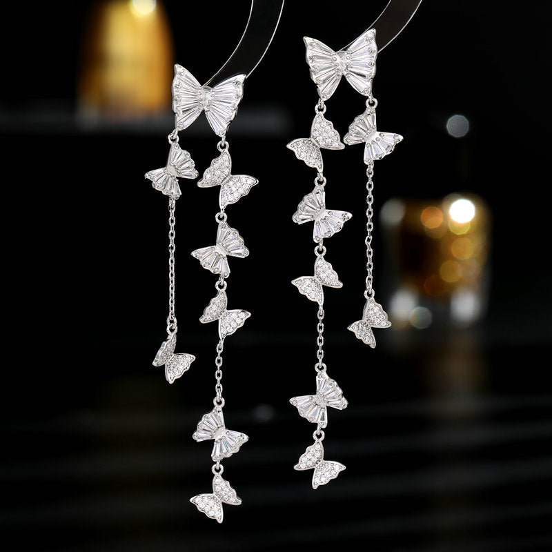 Silver Needle Elegant Zircon Inlaid Modified Face Earrings Long