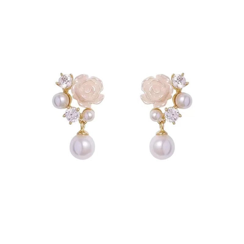 Camellia Pearl Zircon Small Eardrops Earrings Fashion