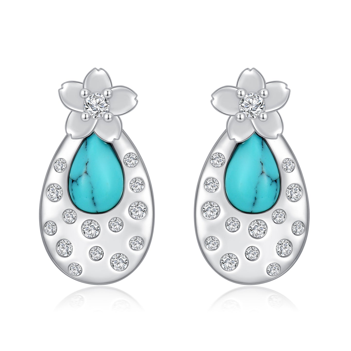 YFN S925 Sterling Silver Turquoise Cherry Blossom Stud Earrings