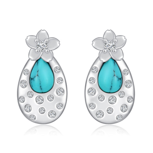 YFN S925 Sterling Silver Turquoise Cherry Blossom Stud Earrings