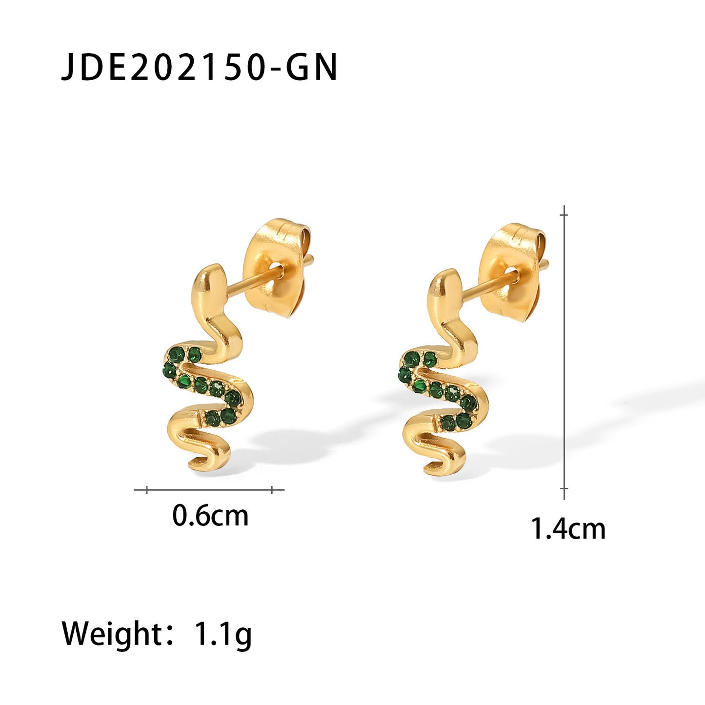 INS Fashion Vintage 18K Gold Stainless Steel Snake Stud Earrings Inlaid With Greenwhite Zircon