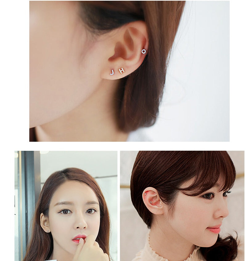 Korean Alphabet 925 Sterling Silver Zircon Hypoallergenic Stud Earrings Temperament