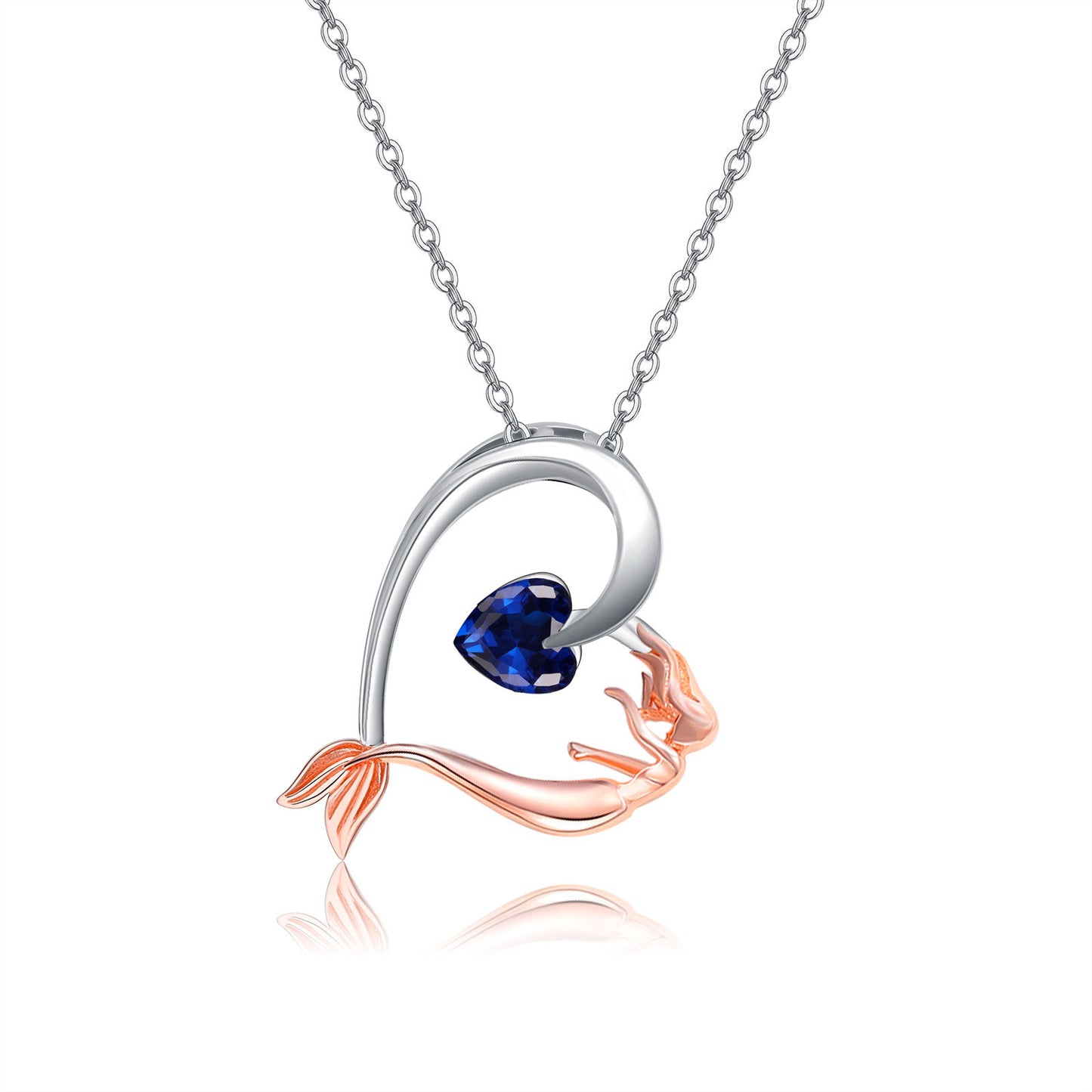 YFN 925 Sterling Silver Mermaid Heart Necklace with Blue Heart Crystal