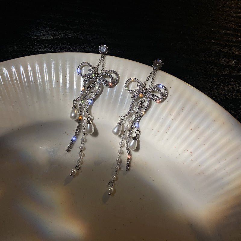 Zircon Bowknot Tassel Earrings European And American Exaggerated