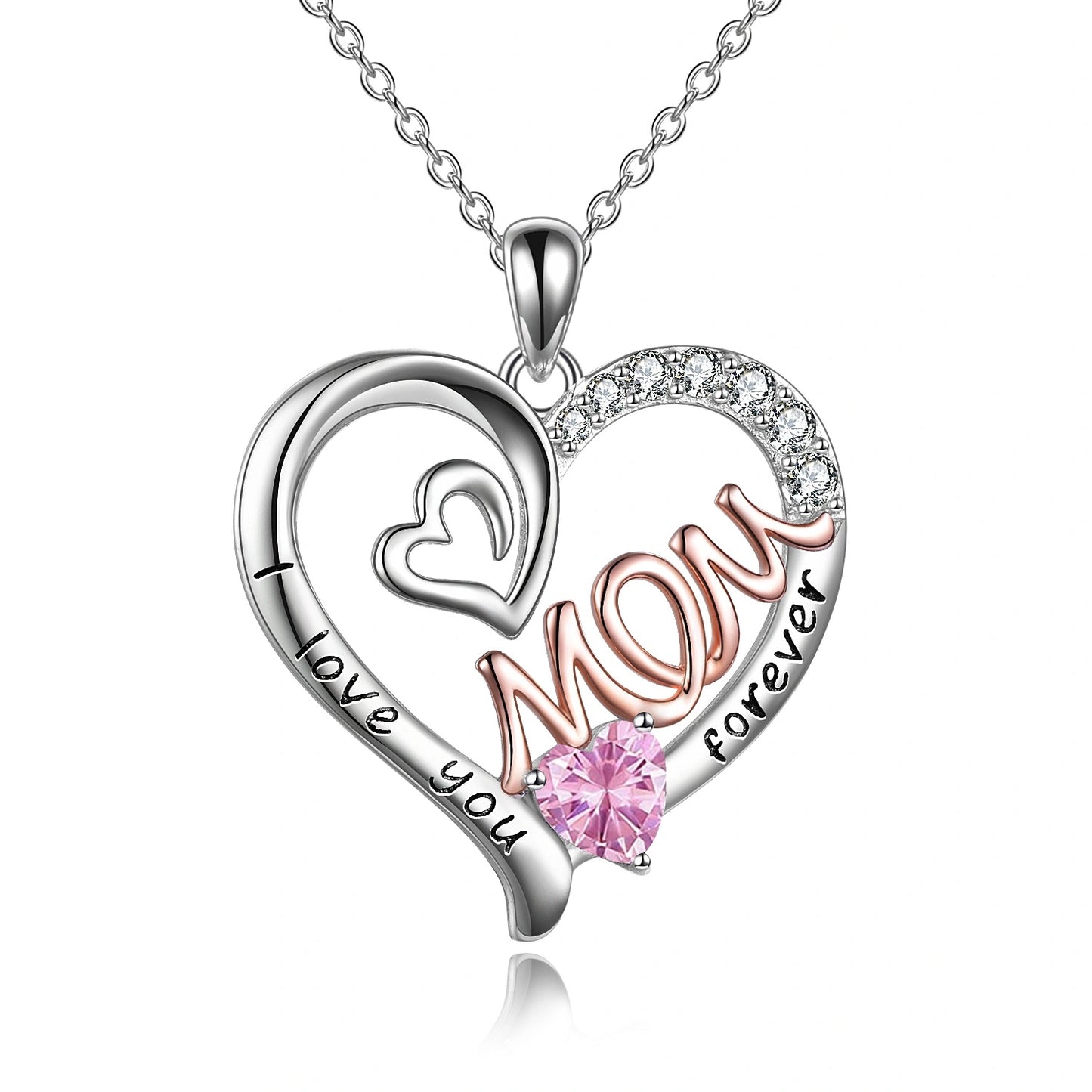 YFN Mom Necklace S925 Sterling Silver Heart CZ Pink Stone Love Mum Pendant Birthstone Jewelry for Women Mother Gifts (US only)