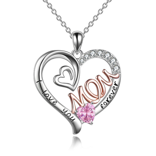 YFN Mom Necklace S925 Sterling Silver Heart CZ Pink Stone Love Mum Pendant Birthstone Jewelry for Women Mother Gifts (US only)