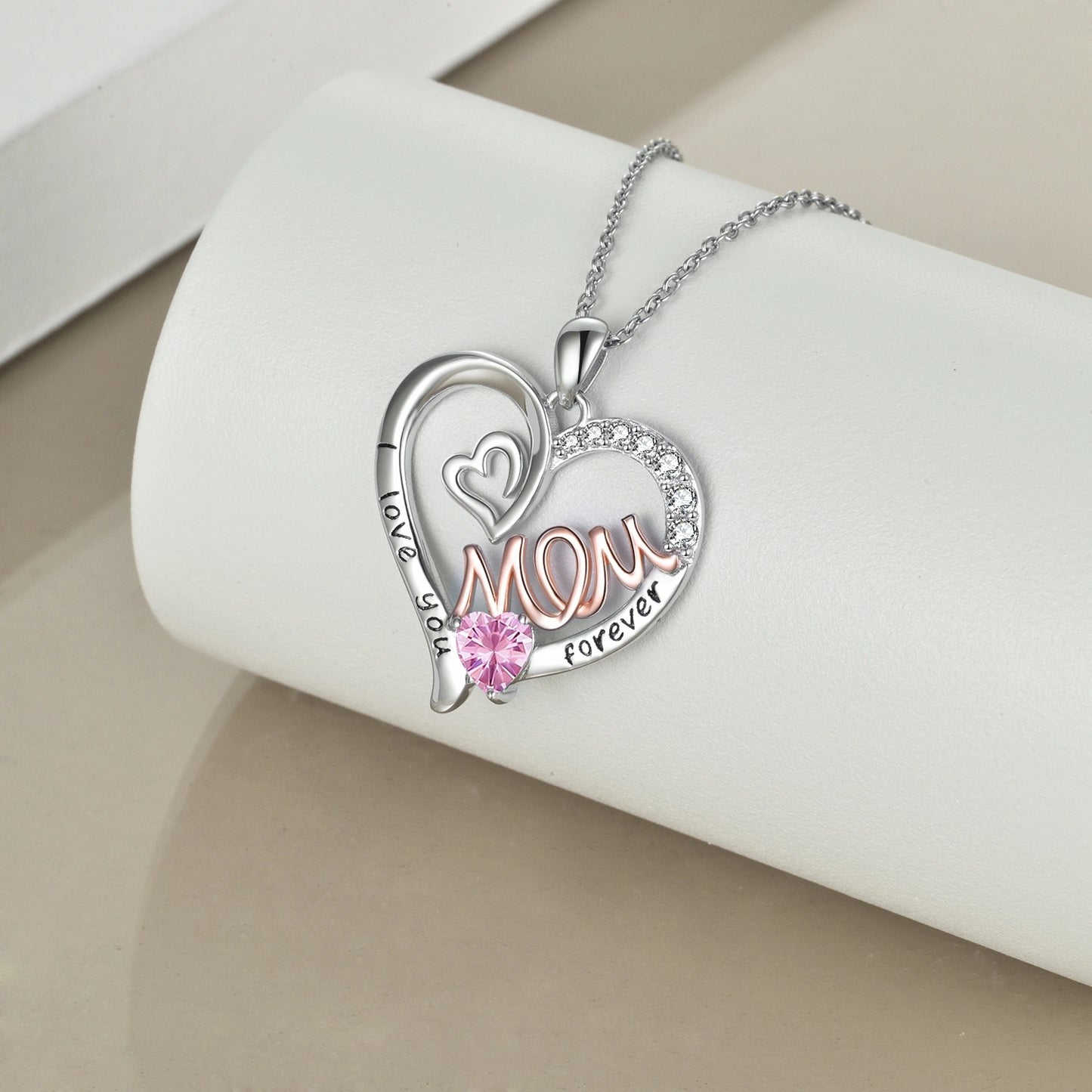 YFN Mom Necklace S925 Sterling Silver Heart CZ Pink Stone Love Mum Pendant Birthstone Jewelry for Women Mother Gifts (US only)