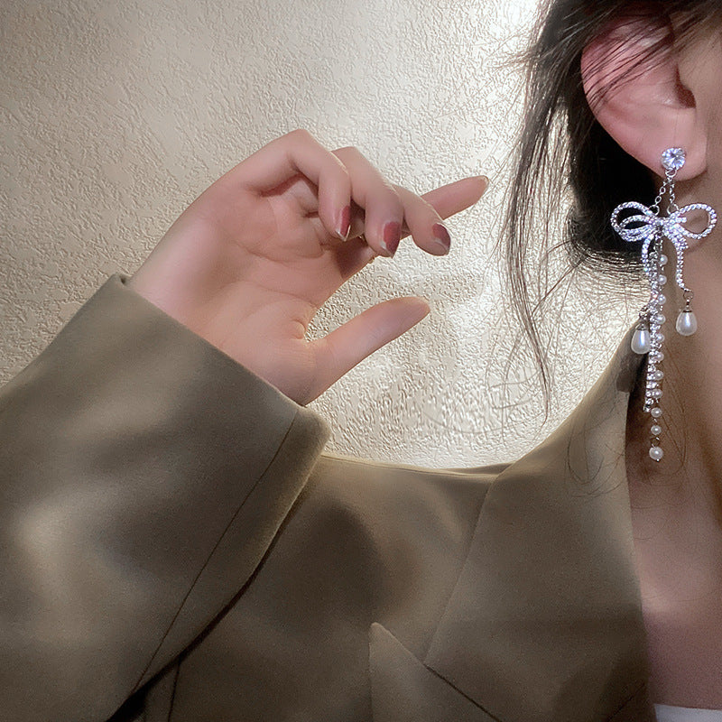 Zircon Bowknot Tassel Earrings European And American Exaggerated