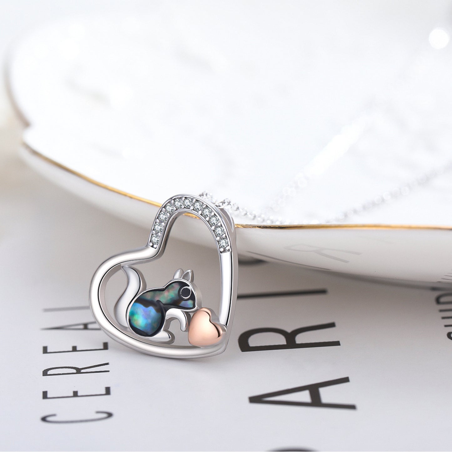 YFN 925 Sterling Silver Squirrel Abalone Shell Cubic Zirconia Cute Animal Heart Pendant Necklace (US only)