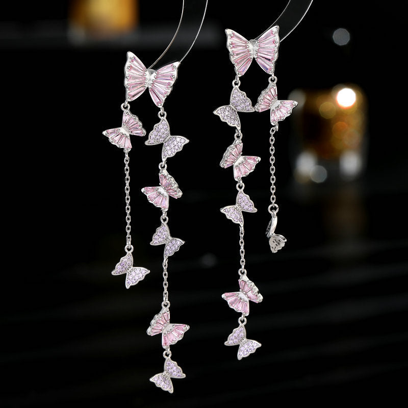 Silver Needle Elegant Zircon Inlaid Modified Face Earrings Long