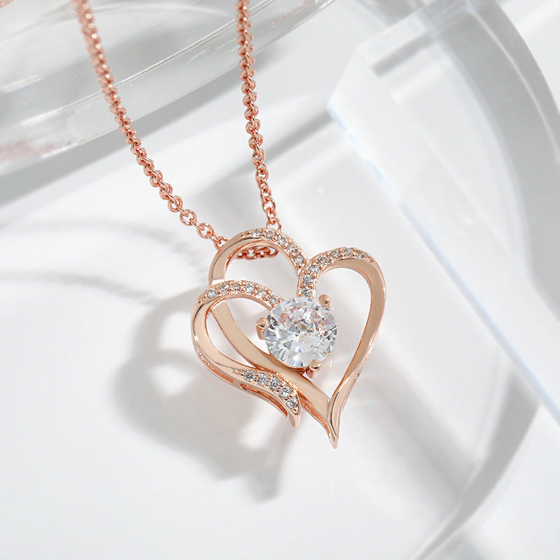 Zircon Double Love Necklace With Rhinestones Heart-shaped Necklace Clavicle Chain Jewelry For Women Valentine's Day