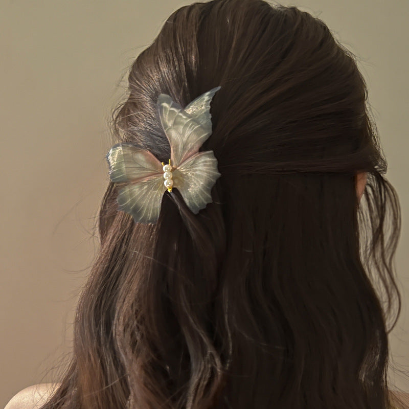Mesh Pearl Butterfly Barrettes Updo Duckbill Clip