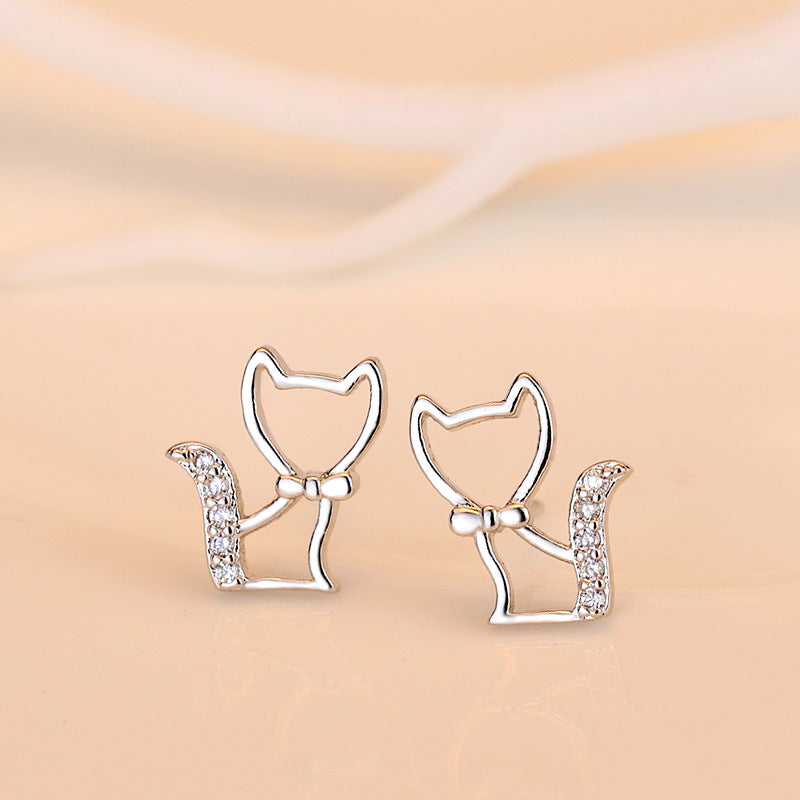 925 Silver Stud Earrings Butterfly Fox Cat Micro Inlaid Shining Zircon Accessories