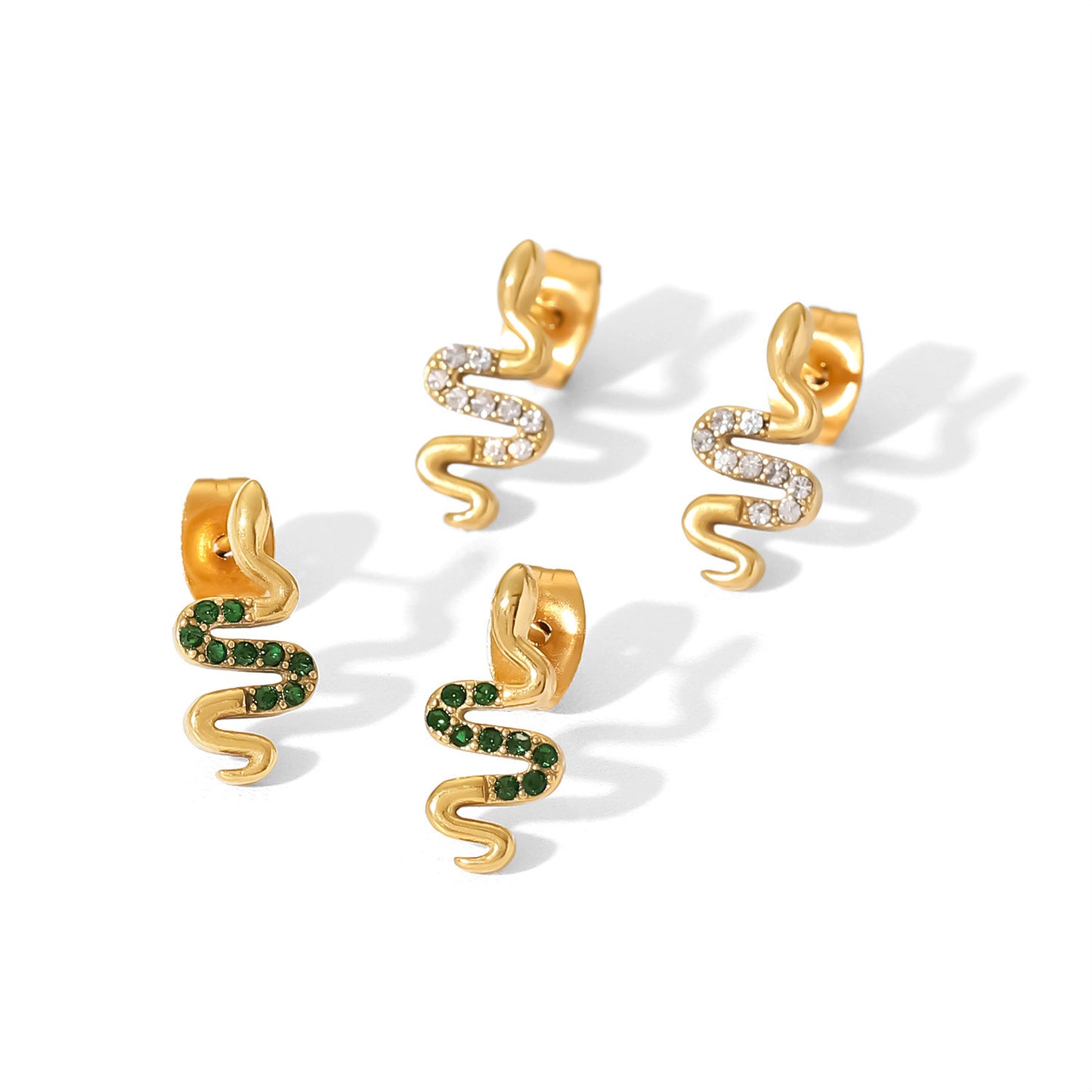 INS Fashion Vintage 18K Gold Stainless Steel Snake Stud Earrings Inlaid With Greenwhite Zircon