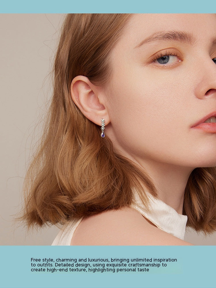 Sterling Silver S925 Vintage Purple Zircon Shell Pearls Simple Flower Earrings