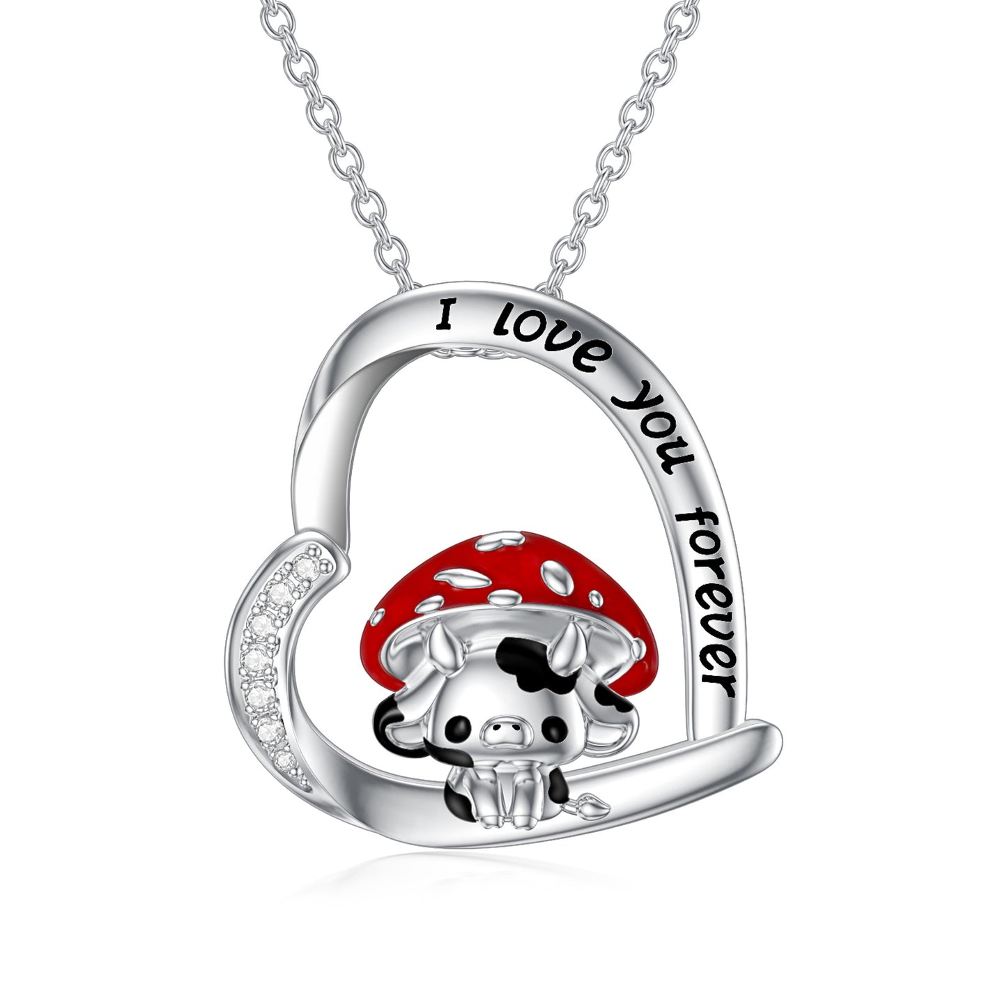 YFN S925 Sterling Silver Mushroom & Cow Pendant Cute Animal Jewelry for Women Girls