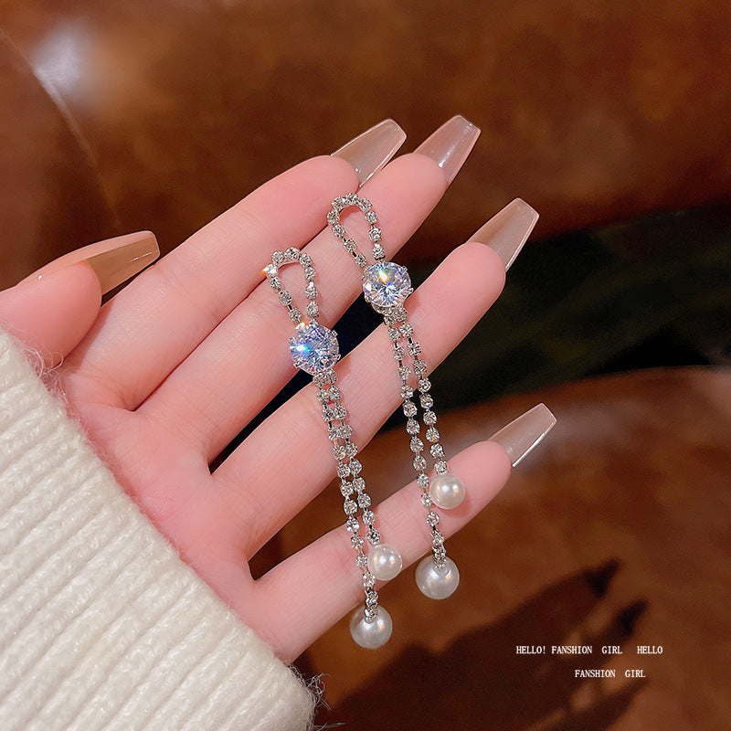 Silver Needle Long Fringed Zircon Earrings