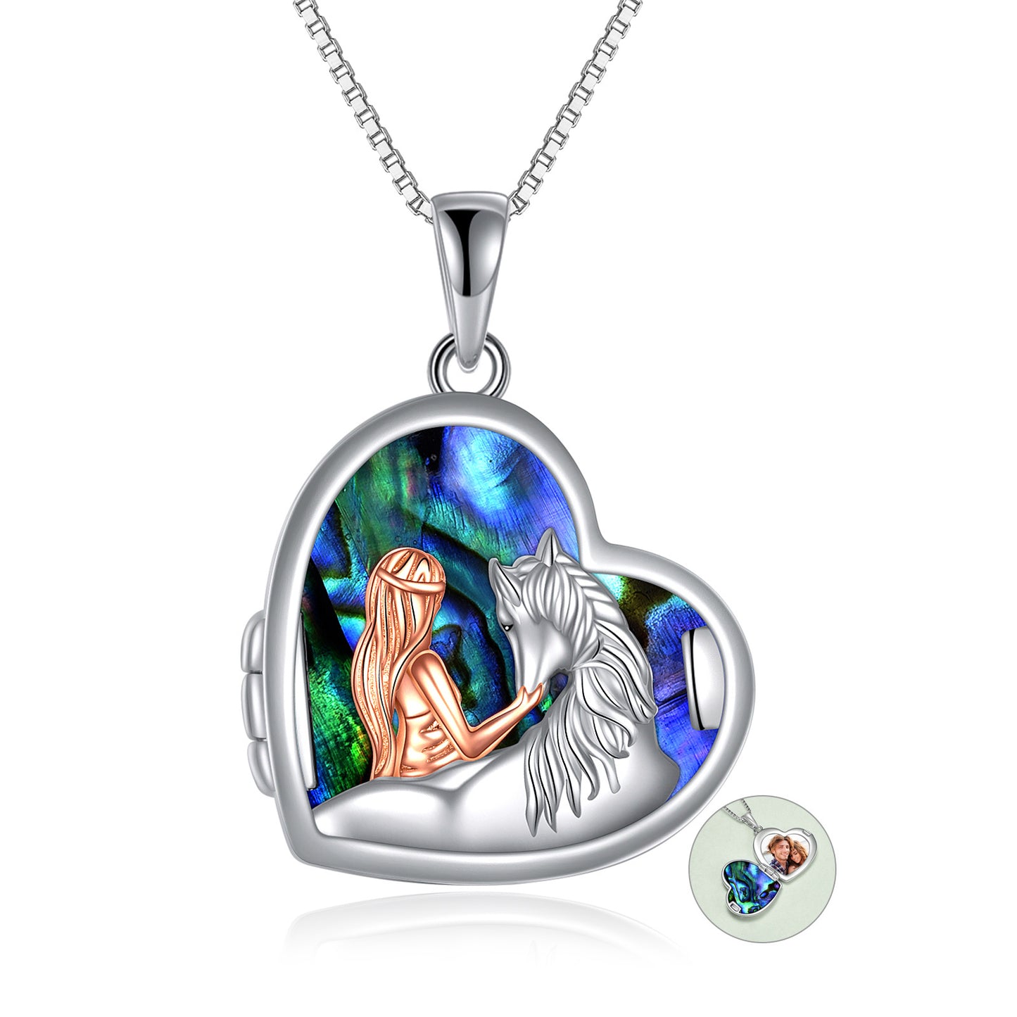 YFN Horse and Girl Abalone Shellfish Heart Sterling Silver Photo Locket Necklace (US only)