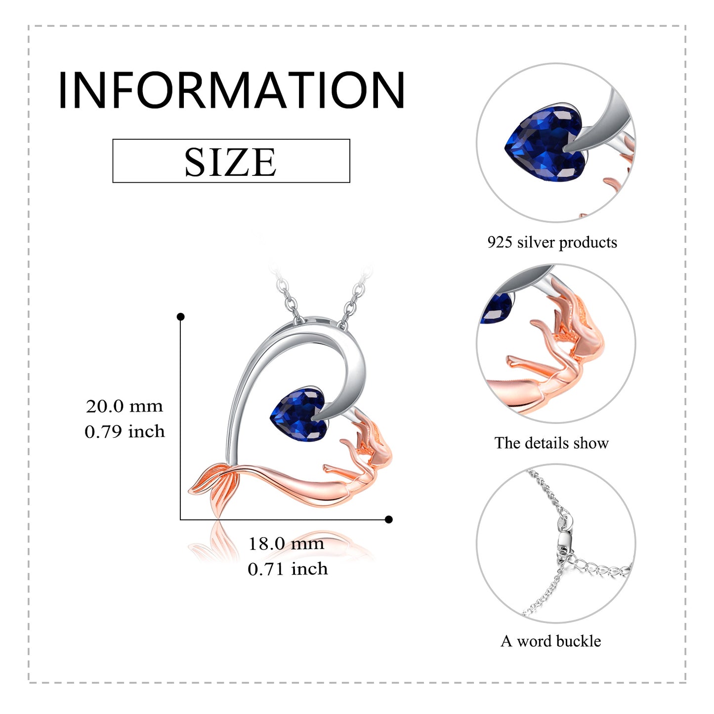 YFN 925 Sterling Silver Mermaid Heart Necklace with Blue Heart Crystal