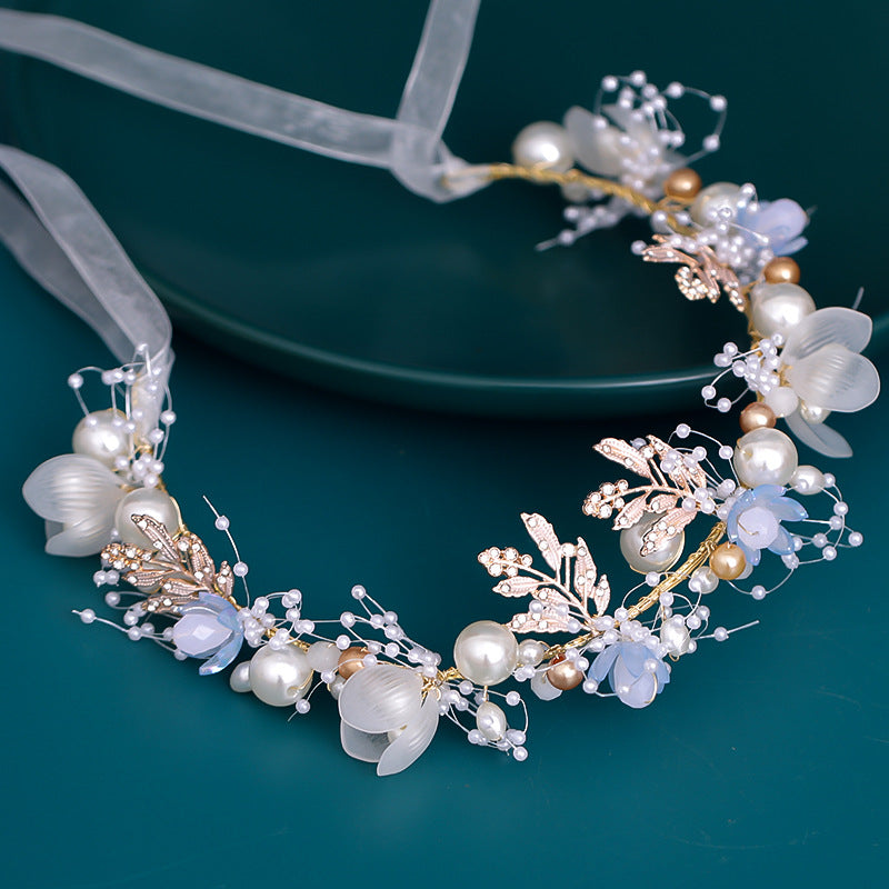 Multicolor Pearl Flower Headband Hand Braided Bridal Headband Tiara