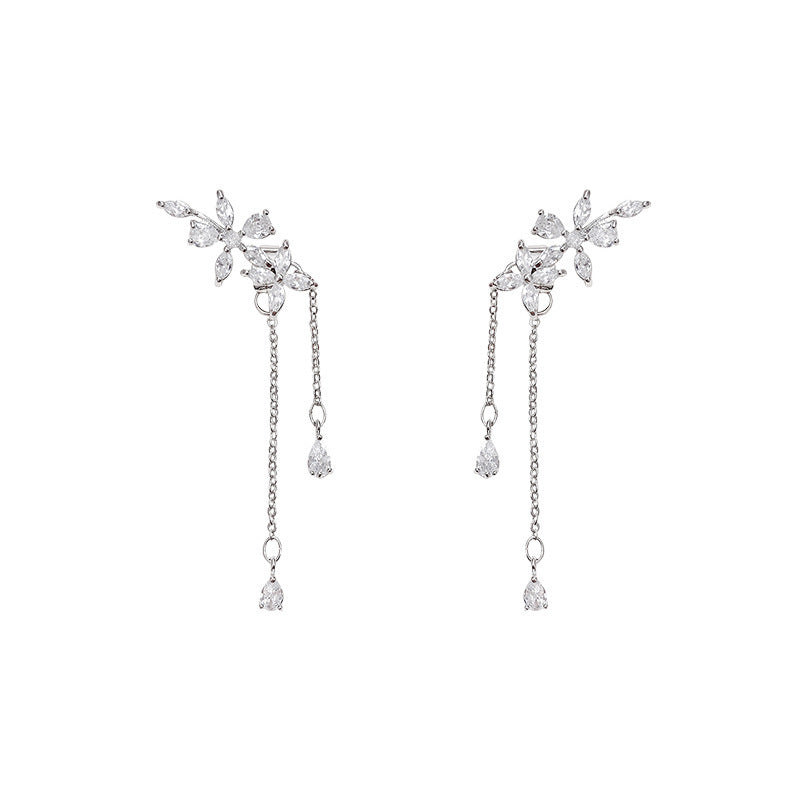 Silver Needle Long Fringed Zircon Earrings