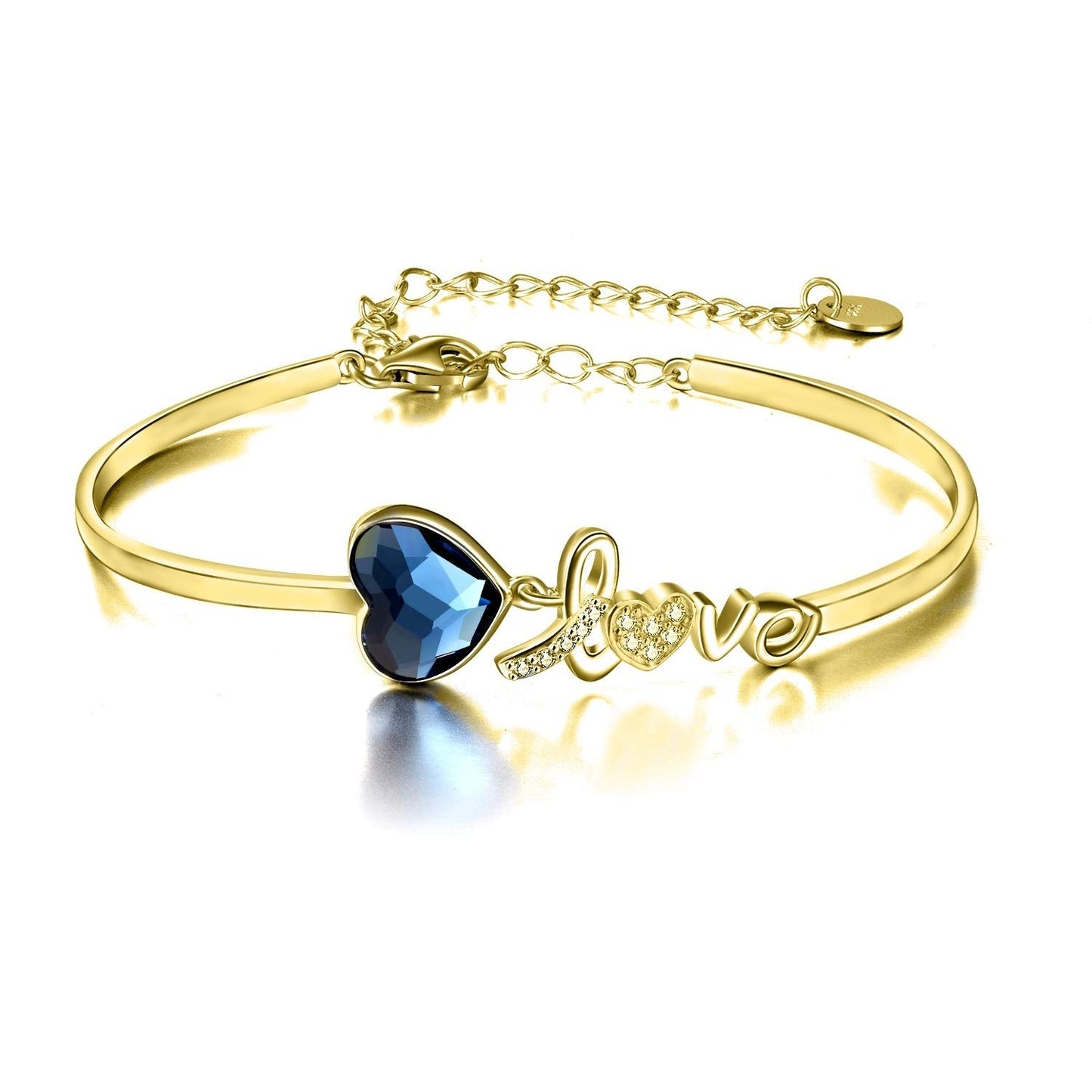 YFN Blue Crystals from Austria Love Heart Bangle Sterling Silver Bracelet in Gold / White Gold Plated (US ony)