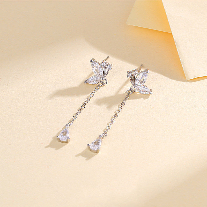 Exquisite S925 Sterling Silver Butterfly Zircon Long Tassel Earrings Jewelry