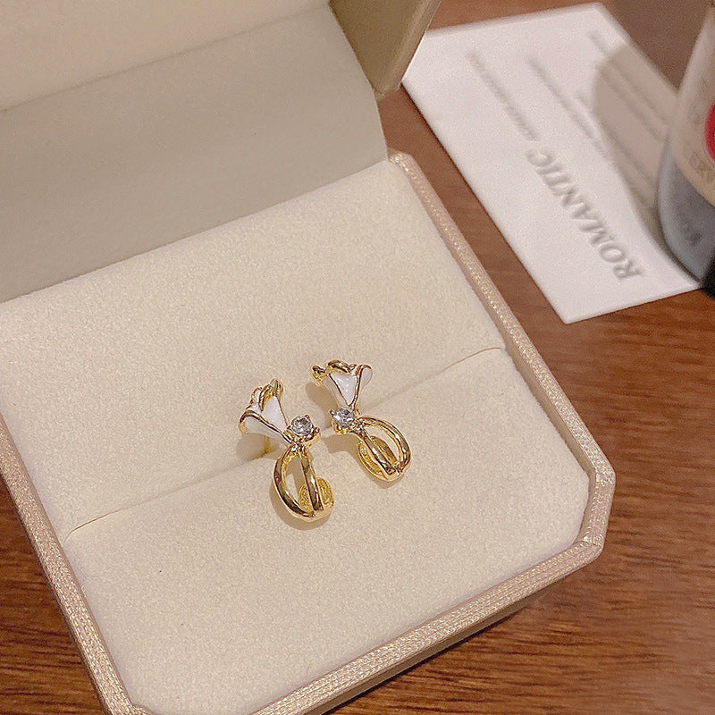 Sterling Silver Needle White Rose Flower Stud Earrings Light Luxury Minority Elegant Zircon