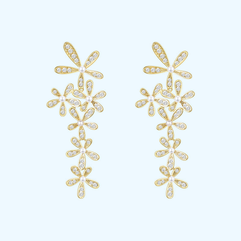 Spliced Zircon Flower Pearl Earrings