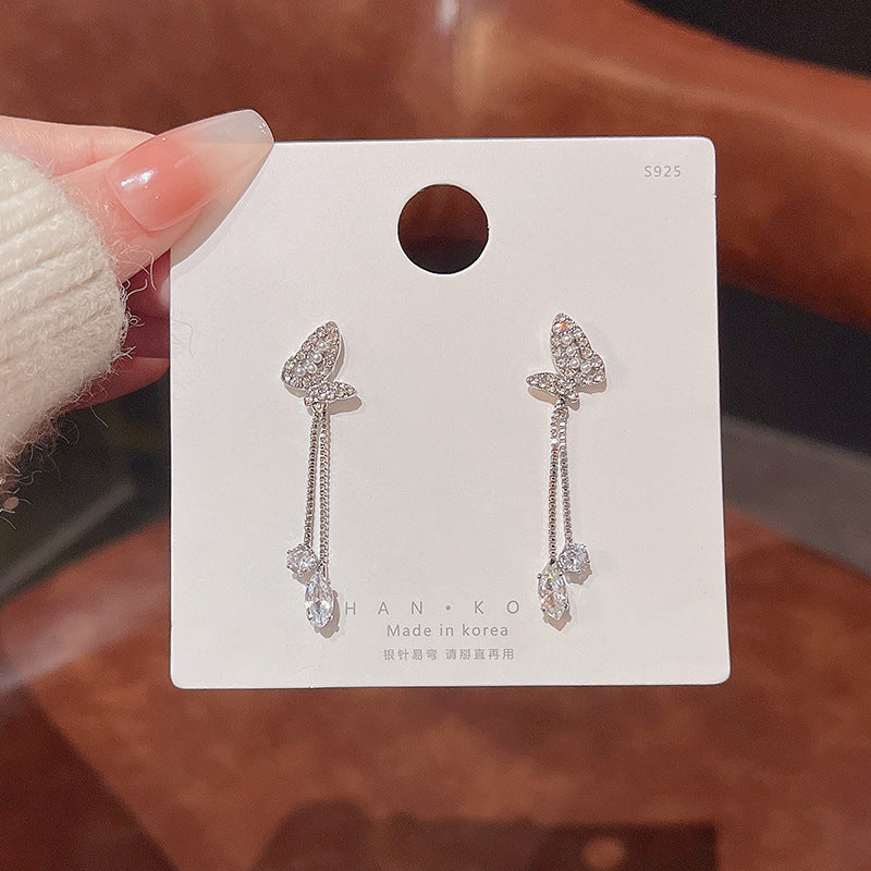 Silver Needle Long Fringed Zircon Earrings
