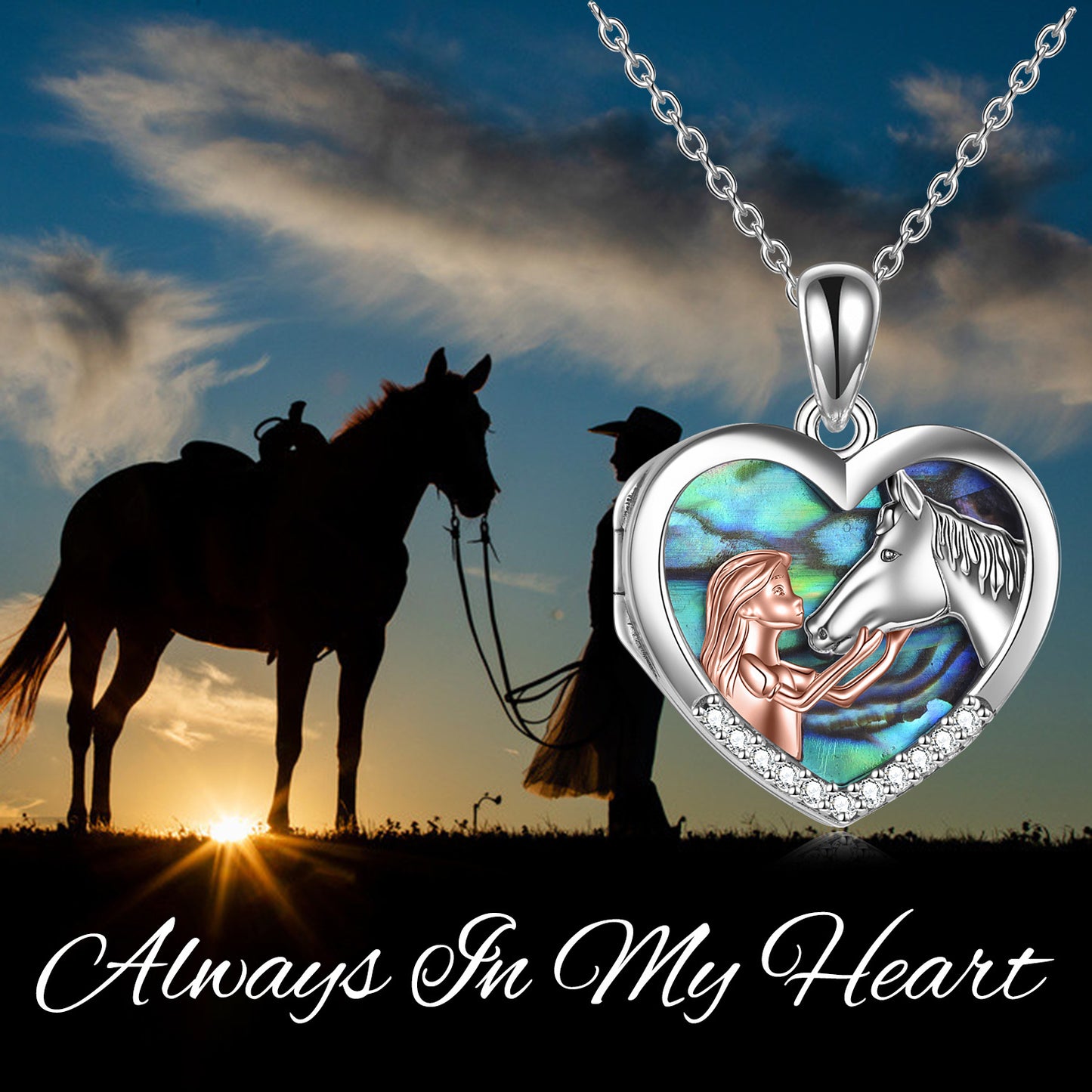 YFN Horse Heart with Girls Pendant Photo Locket Necklace (US only)
