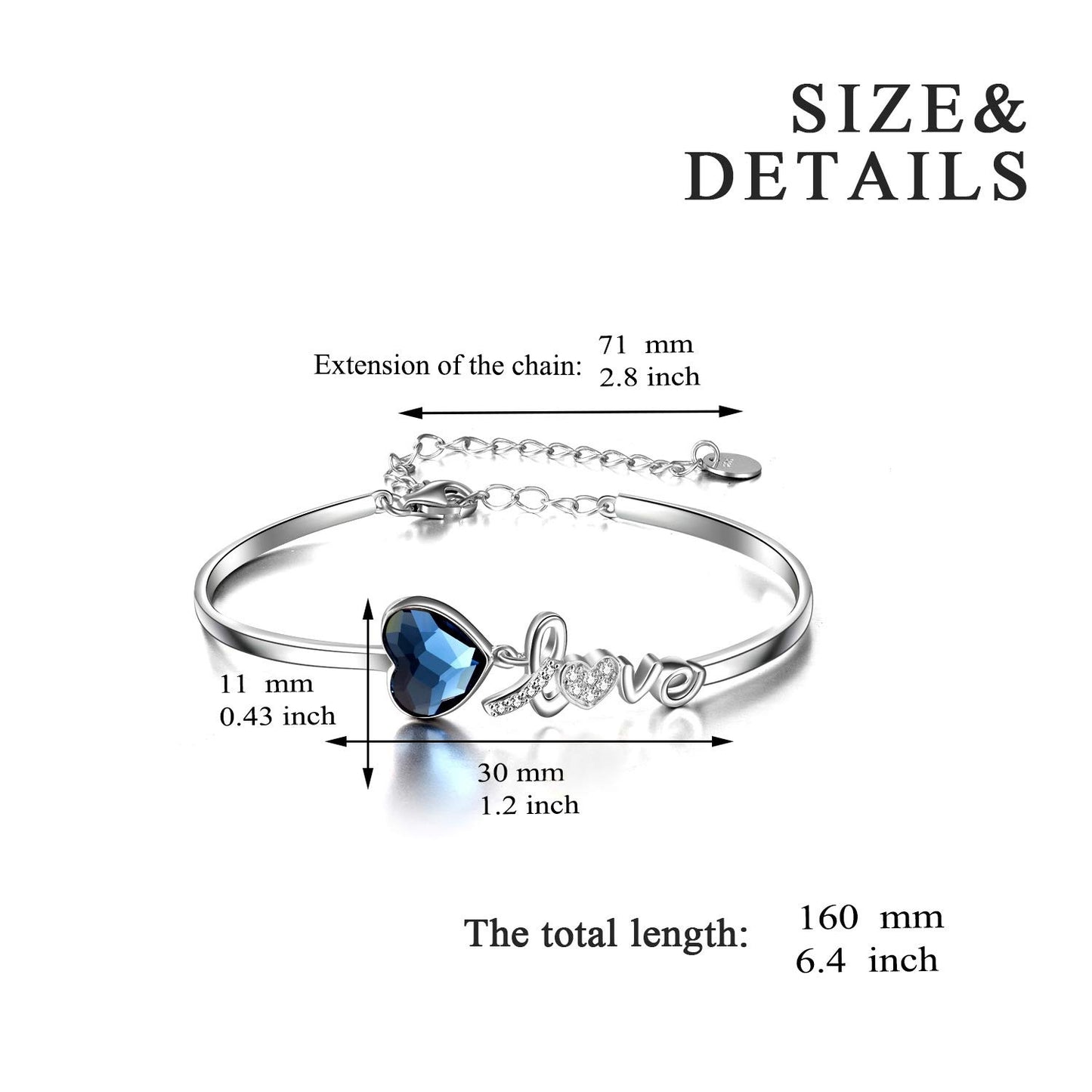 YFN Blue Crystals from Austria Love Heart Bangle Sterling Silver Bracelet in Gold / White Gold Plated (US ony)