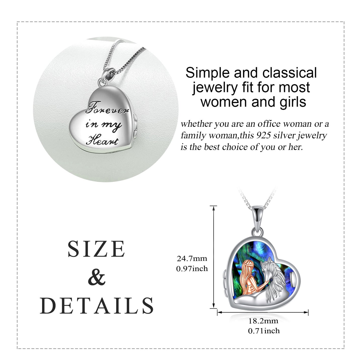 YFN Horse and Girl Abalone Shellfish Heart Sterling Silver Photo Locket Necklace (US only)