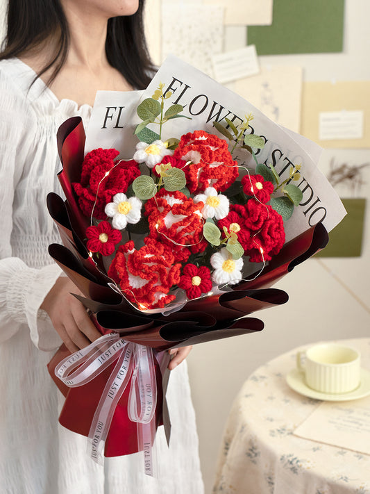 Red Hand-woven Wool Bouquet Mixed Artificial Flower Exquisite FINISHED PRODUCT