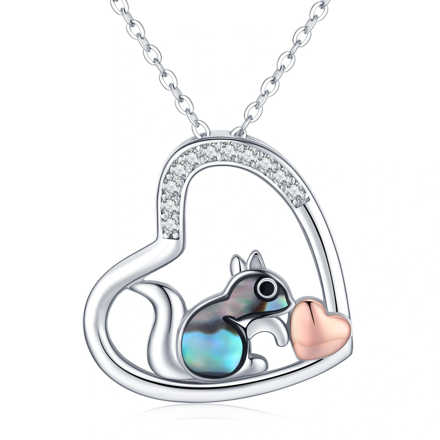 YFN 925 Sterling Silver Squirrel Abalone Shell Cubic Zirconia Cute Animal Heart Pendant Necklace (US only)