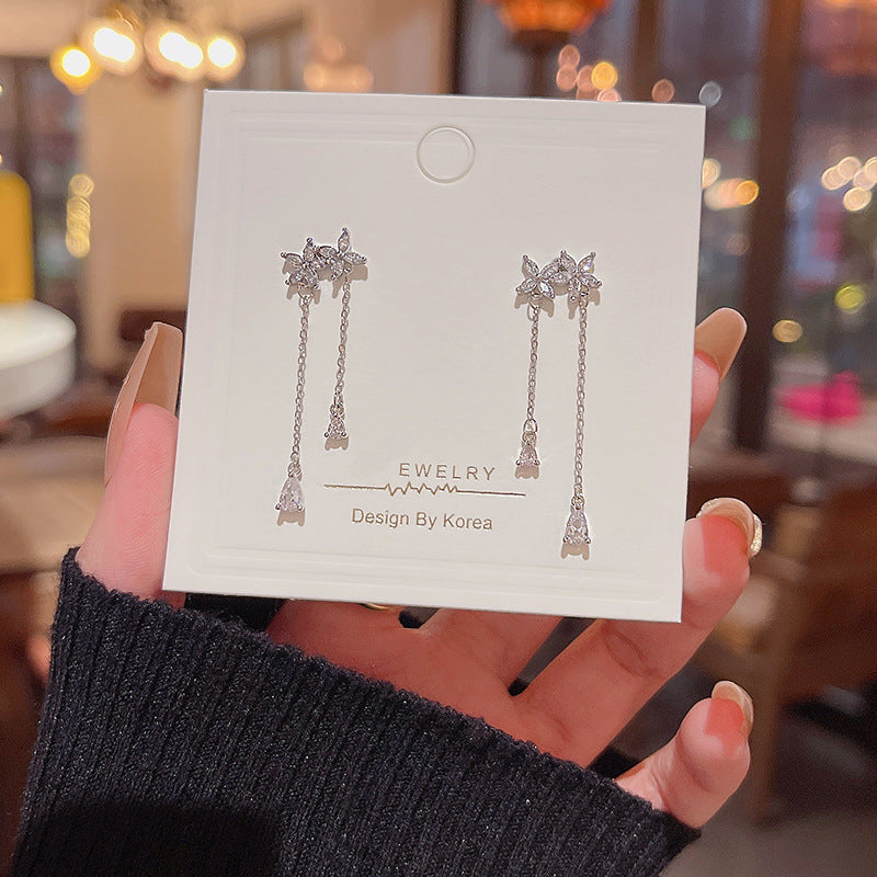 Silver Needle Long Fringed Zircon Earrings