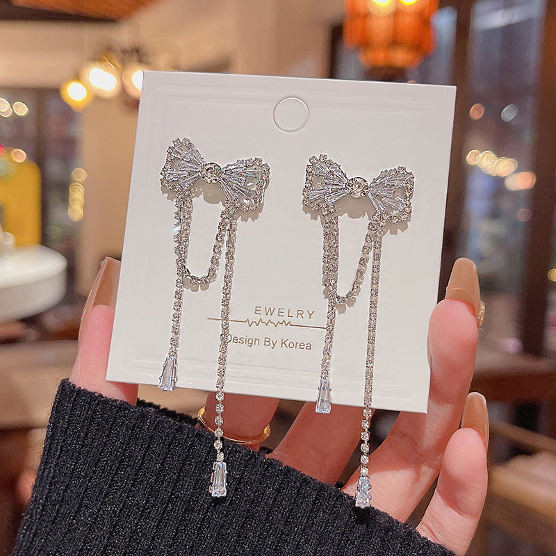 Silver Needle Long Fringed Zircon Earrings