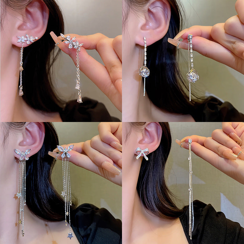 Silver Needle Long Fringed Zircon Earrings