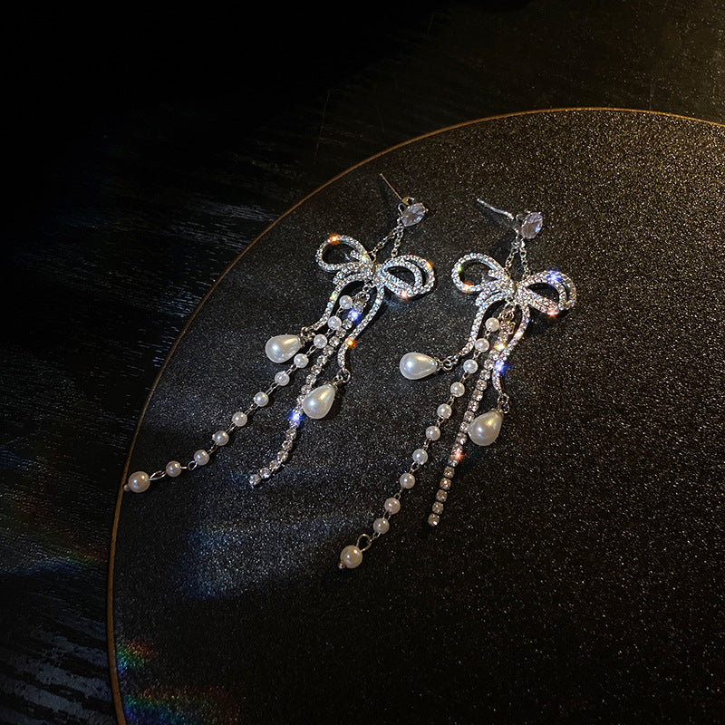 Zircon Bowknot Tassel Earrings European And American Exaggerated