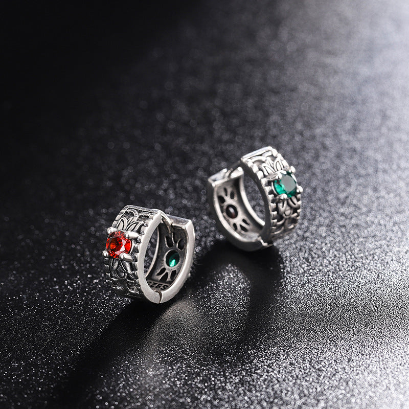 925 Sterling Silver Floral Pattern Red Green Zircon Front And Back Wear Vintage Earrings