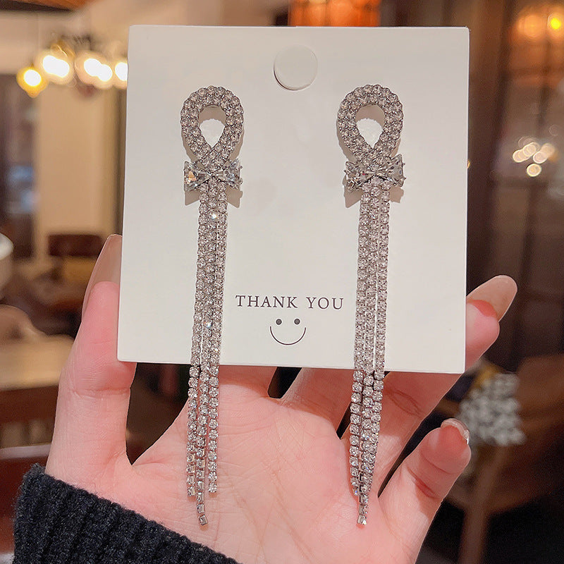 Silver Needle Long Fringed Zircon Earrings