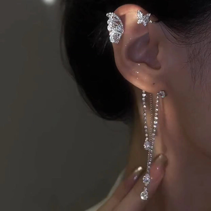 Ladies Fashion Zircon Butterfly Tassel Earrings
