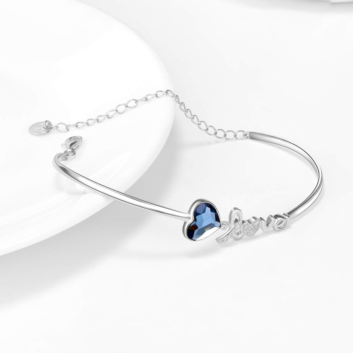 YFN Blue Crystals from Austria Love Heart Bangle Sterling Silver Bracelet in Gold / White Gold Plated (US ony)