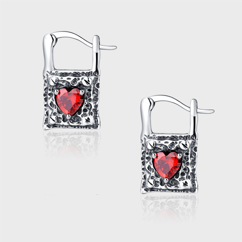 Sterling Silver Earrings Vintage Silver Lock Earrings Inlaid With Heart-shaped Zircon S925 Silver